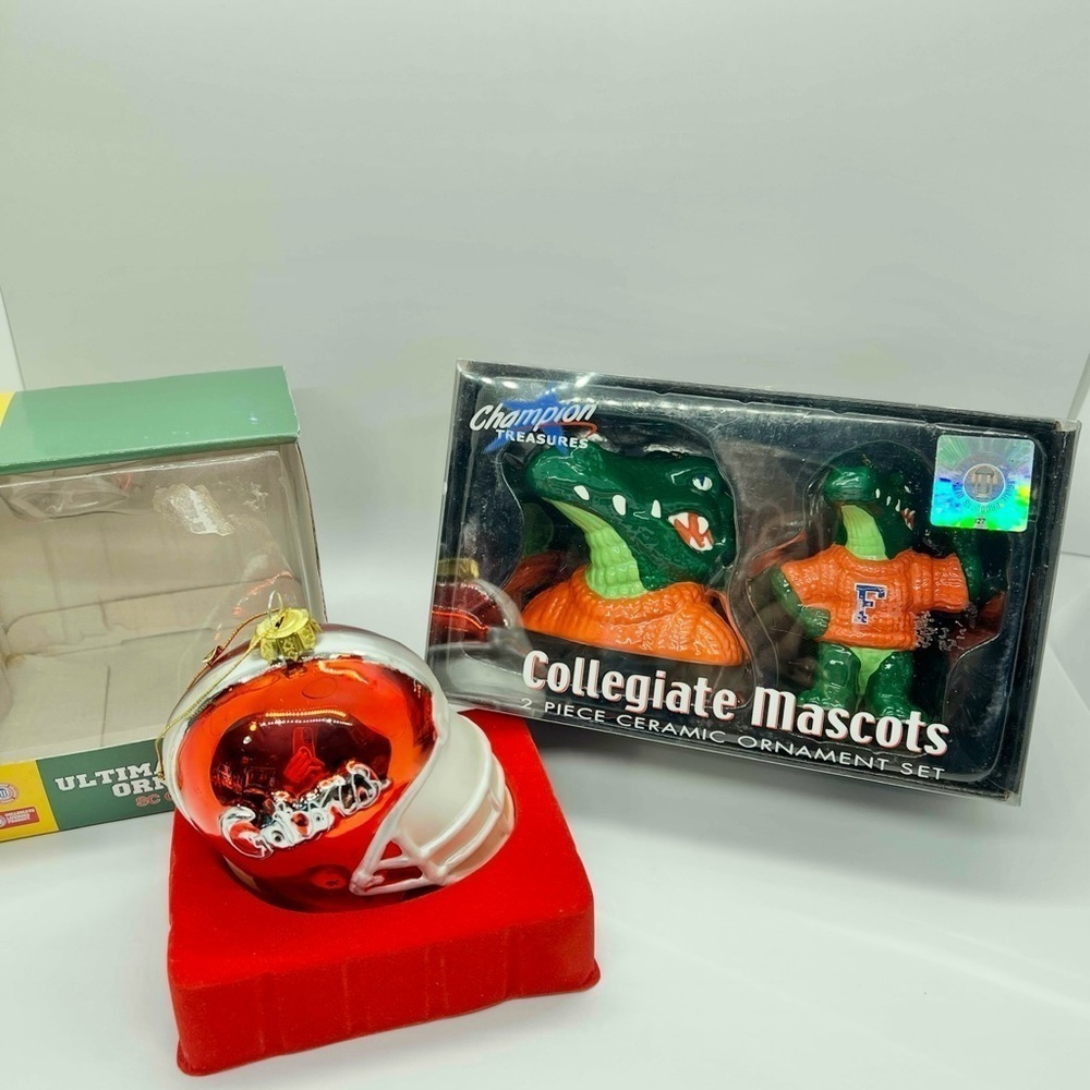 Florida Gators Christmas Ornaments Lot, 2 Ceramic Mascots, 1 Helmet SEC NCAA NIB